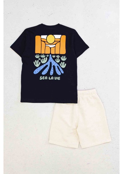 Sea La Vıe Baskılı Kısa Kollu Bisiklet Yaka Erkek Çocuk T-Shirt ve Cepli Şort Takımı
