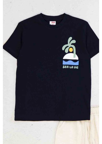 Sea La Vıe Baskılı Kısa Kollu Bisiklet Yaka Erkek Çocuk T-Shirt ve Cepli Şort Takımı