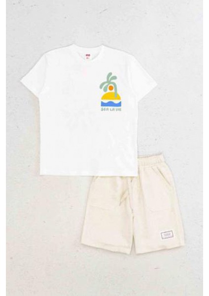Sea La Vıe Baskılı Kısa Kollu Bisiklet Yaka Erkek Çocuk T-Shirt ve Cepli Şort Takımı