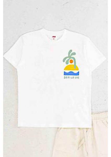 Sea La Vıe Baskılı Kısa Kollu Bisiklet Yaka Erkek Çocuk T-Shirt ve Cepli Şort Takımı