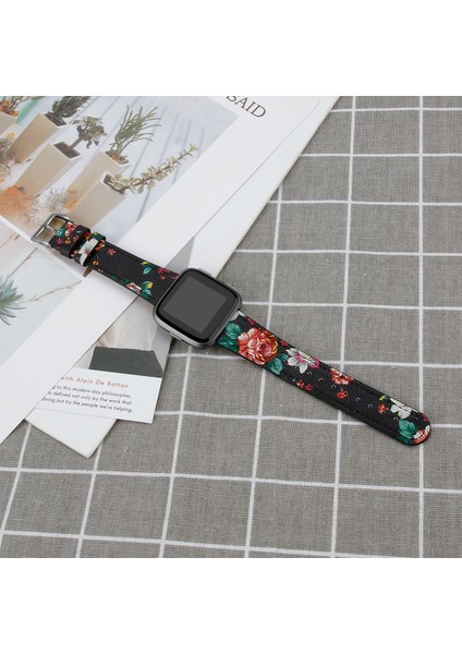 Deri Watch Band For Fit Versa 4 / Sense 2 For Fitbit Versa 4 / Sense 2 Siyah Kırmızı Çiçek (Yurt Dışından)