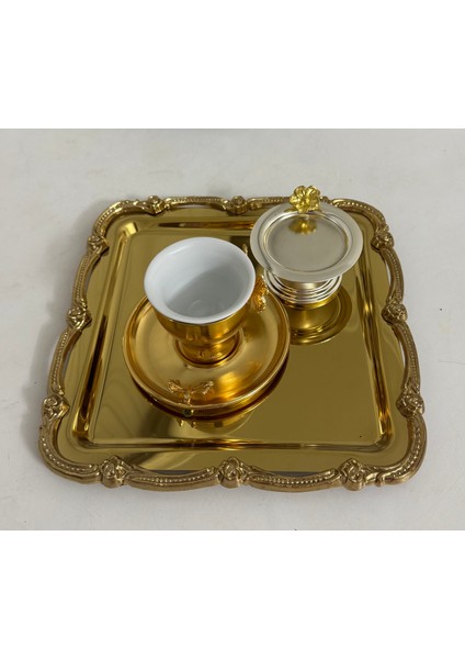 Çelik Gold Renk 1 Adet Kare Kenarı Çerçeveli Servis ve Sunum Tepsisi