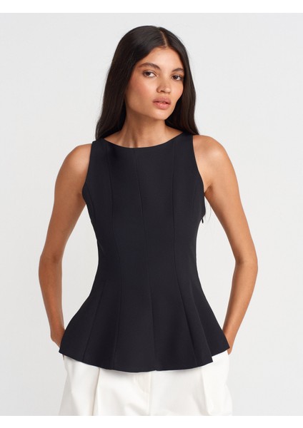 50856 Kayık Yaka Peplum Bluz-Siyah