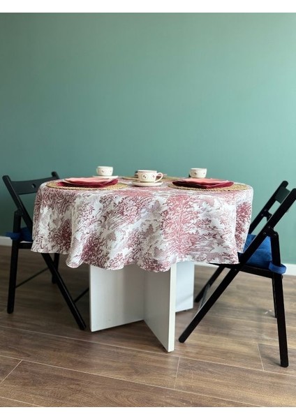 Jakarlı Dokuma Kumaş Yuvarlak 160 x 160 Masa Örtüsü Bordo Ağırlıklı