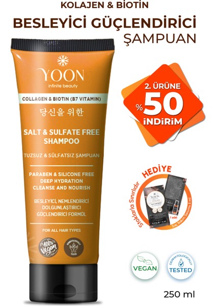 Sülfatsız ve Tuzsuz Şampuan, Kolajen Biotin B7 İçerikli Parabensiz, Nemlendirici Vegan Şampuan 250 ml