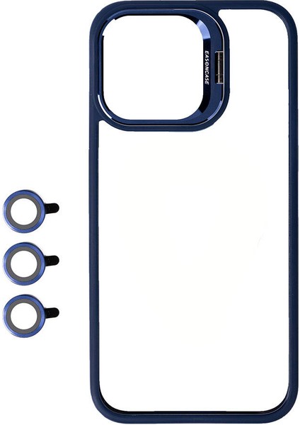 Apple iPhone 15 Pro Max Kılıf Kamera Lens Korumalı Standlı Rntc Klon Lensli Kapak-Lacivert