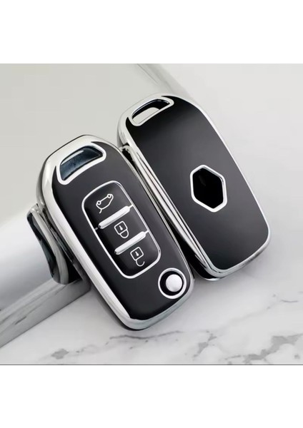 Renault Kaleos Sustalı Anahtar Kılıfı Siyah-Silver