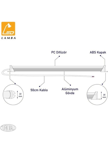 Gri 50cm LED Mutfak Tezgahı Işığı, Şeffaf Kapak, Alüminyum, E27 Duy, Parlak ve Şık modelleri