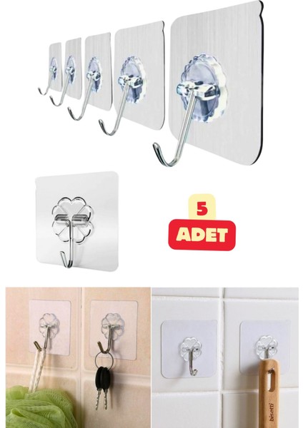 5 Adet Yapışkanlı Şeffaf Çok Amaçlı Kancalı Suya Dayanıklı Askı Seti Mutfak Banyo Gereçleri Asma Se