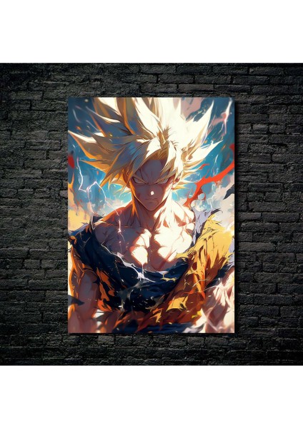 Anime Metal Poster Parlak Göz Alıcı Renkler - Goku'nun Alevli Saiyan Öfkesi