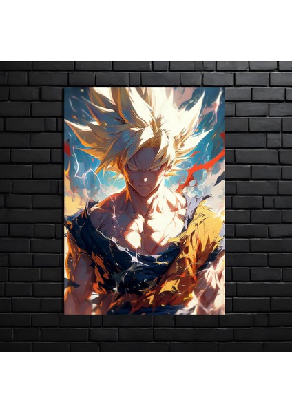 Anime Metal Poster Parlak Göz Alıcı Renkler - Goku'nun Alevli Saiyan Öfkesi