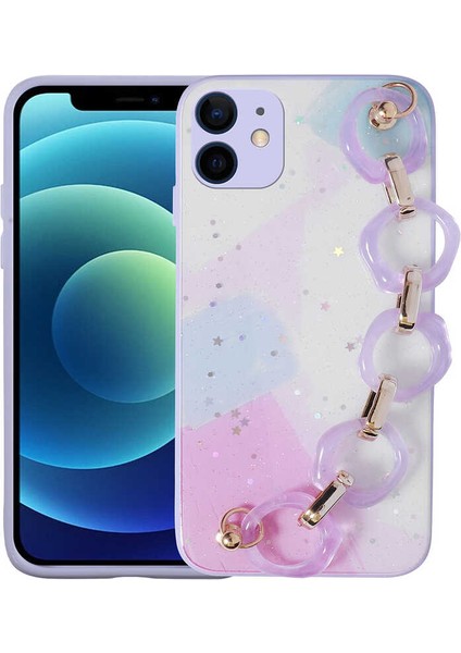 Apple iPhone 12 Kılıf Simli Desenli El Askılı Tutacaklı Rntc Elsa Silikon Kapak-Lila