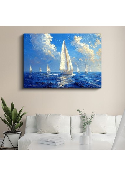 Yelkenli Tekne - Mavi Denizde Beyaz Yelkenler Kanvas Tablo