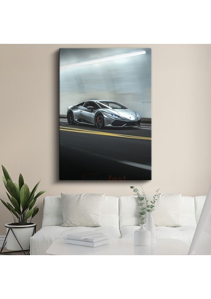 Lamborghini Huracan - Gümüş Süper Otomobil Dinamizmi Kanvas Tablo