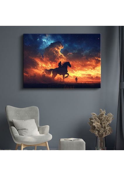 Ateş Süvarisi - Alev Gökyüzünde Ilerleyen Binici Kanvas Tablo