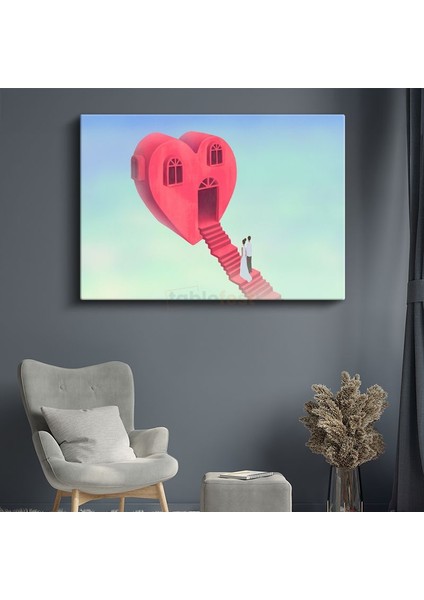 Aşk Evi - Kalbin Kapısına Uzanan Pembe Merdiven Kanvas Tablo