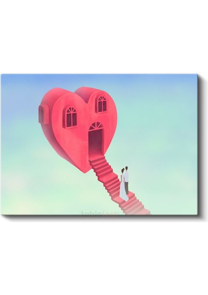 Aşk Evi - Kalbin Kapısına Uzanan Pembe Merdiven Kanvas Tablo fiyatları