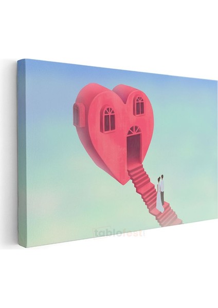 Aşk Evi - Kalbin Kapısına Uzanan Pembe Merdiven Kanvas Tablo modelleri