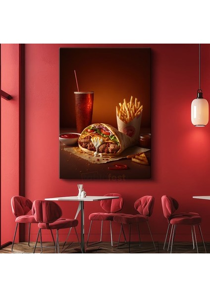 Fast Food Menüsü - Lezzetli Dürüm ve Patates Kızartması Kanvas Tablo
