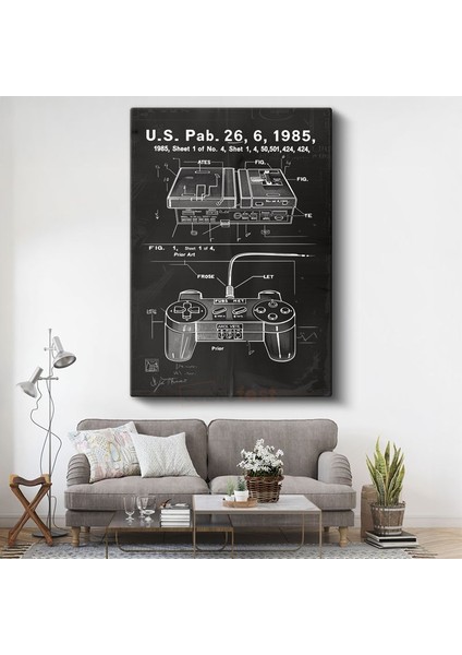 Oyun Konsolu - 1985 Retro Oyun Kumandası Patent Çizimi Kanvas Tablo