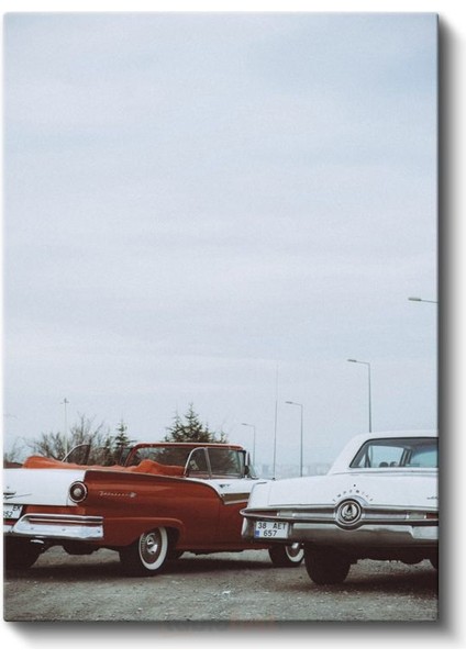 Klasik Amerikan Otomobilleri - Nostaljik Kırmızı Beyaz Ikili Kanvas Tablo fiyatları