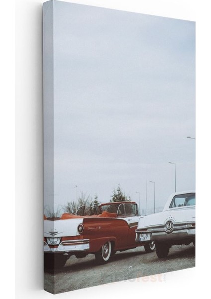 Klasik Amerikan Otomobilleri - Nostaljik Kırmızı Beyaz Ikili Kanvas Tablo modelleri
