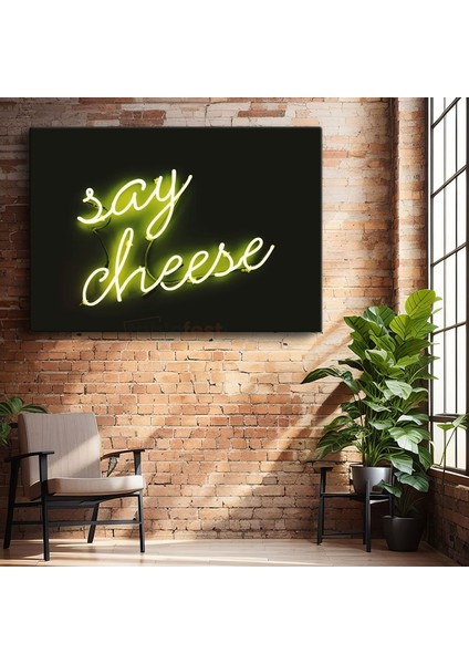 Say Cheese - Neon Yeşil Işıklı Yazı Kanvas Tablo