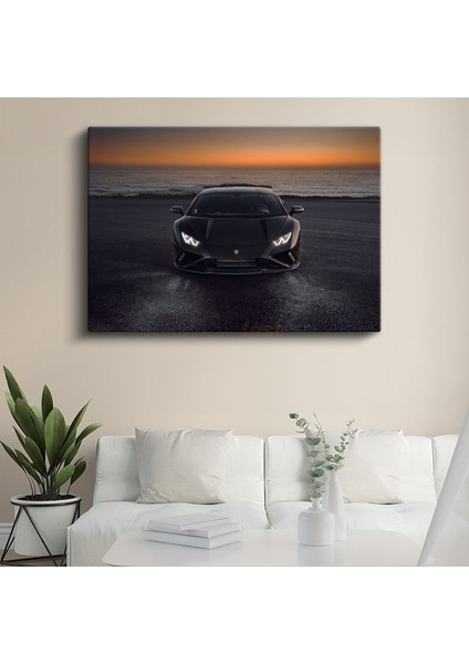 Lamborghini Huracan - Gün Batımında Siyah Italyan Süper Otomobil Kanvas Tablo