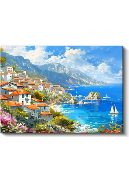 Akdeniz Kıyısı - Beyaz Evler ve Mavi Deniz Kanvas Tablo fiyatları
