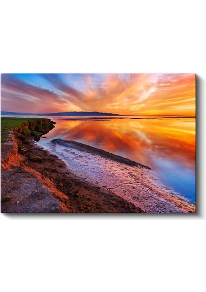 Alev Renkli Gün Batımı - Sahilde Altın Yansımalar Kanvas Tablo fiyatları