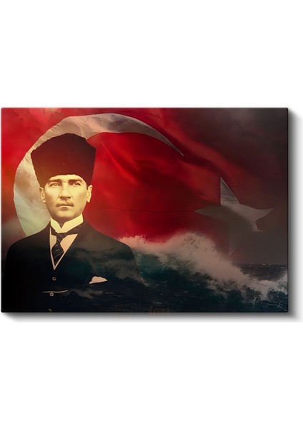 Dalgalı Bayrak - Kalpaklı Atatürk Portresi Kanvas Tablo