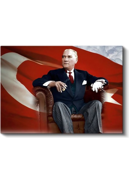 Koltukta Atatürk - Bayrak Fonlu Resmi Portre Kanvas Tablo