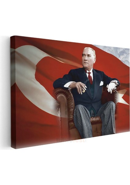 Koltukta Atatürk - Bayrak Fonlu Resmi Portre Kanvas Tablo