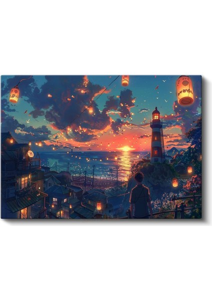 Deniz Feneri - Turuncu Gün Batımı Anime Kanvas Tablo fiyatları