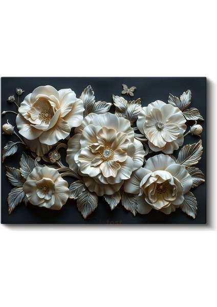 Krem Çiçekler - Siyah Fonda Gümüş Yapraklı Dekoratif Kanvas Tablo fiyatları
