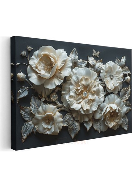 Krem Çiçekler - Siyah Fonda Gümüş Yapraklı Dekoratif Kanvas Tablo modelleri