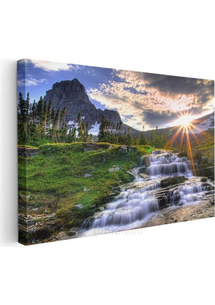 Dağ Şelalesi - Gün Doğumunda Akan Sular Kanvas Tablo modelleri
