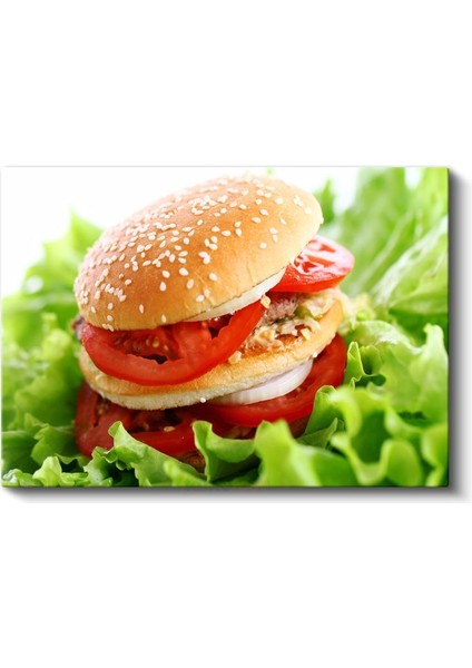Lezzetli Hamburger - Domates ve Yeşilliklerle Kanvas Tablo