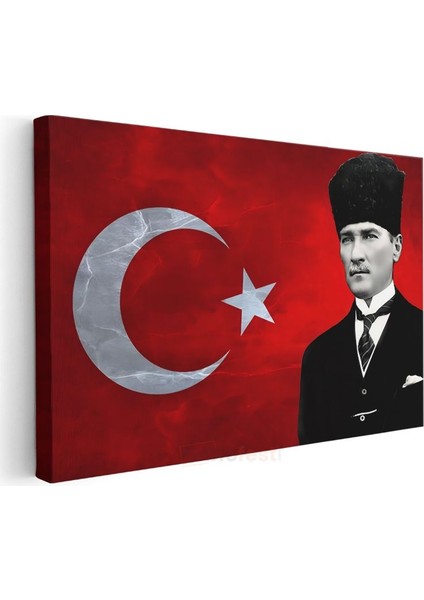 Kalpaklı Atatürk - Kırmızı Bayrak Fonlu Portre Kanvas Tablo