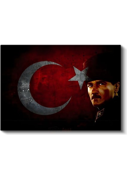 Kalpaklı Atatürk - Kırmızı Siyah Bayrak Fonlu Kanvas Tablo