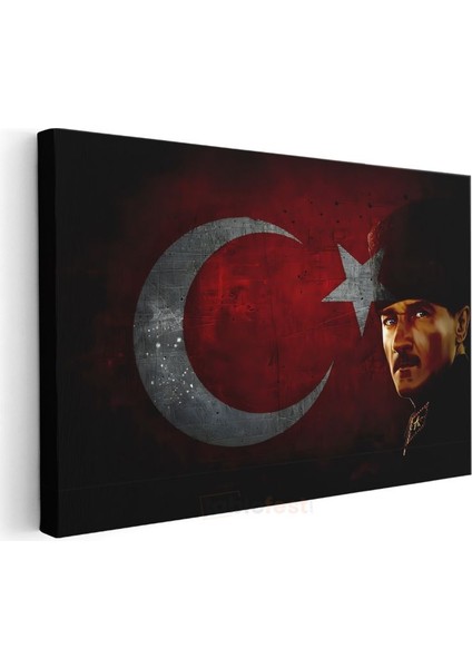 Kalpaklı Atatürk - Kırmızı Siyah Bayrak Fonlu Kanvas Tablo