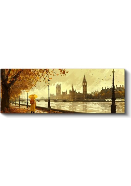 Westminster Manzarası - Sarı Şemsiyeli Sonbahar Kanvas Tablo
