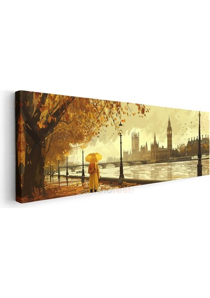 Westminster Manzarası - Sarı Şemsiyeli Sonbahar Kanvas Tablo