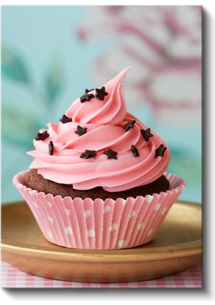 Pembe Cupcake - Yıldız Süslemeli Çikolatalı Tatlı Kanvas Tablo fiyatları