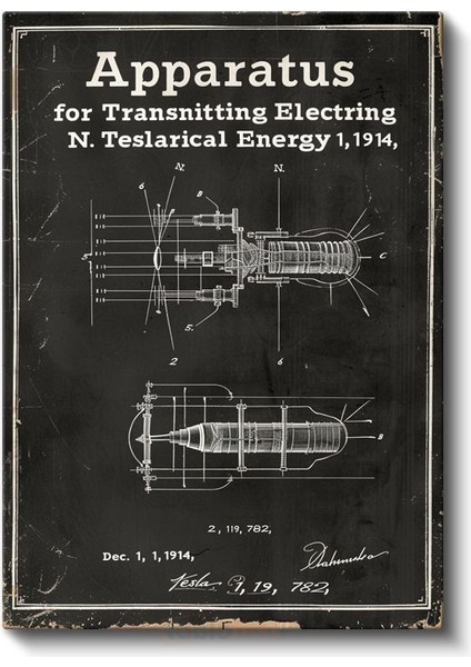 Tesla Cihazı - Elektrik Iletim Aparatı Patent Çizimi Kanvas Tablo fiyatları