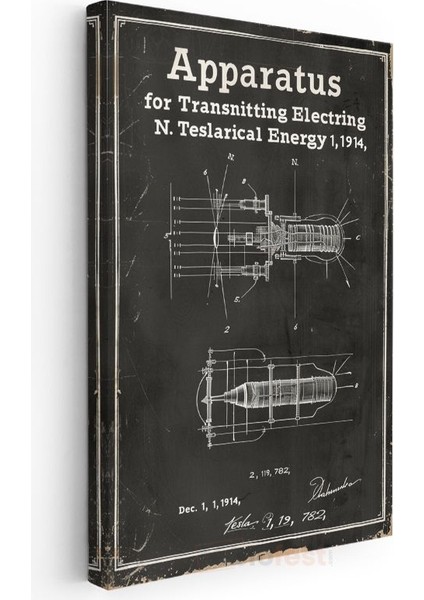 Tesla Cihazı - Elektrik Iletim Aparatı Patent Çizimi Kanvas Tablo modelleri