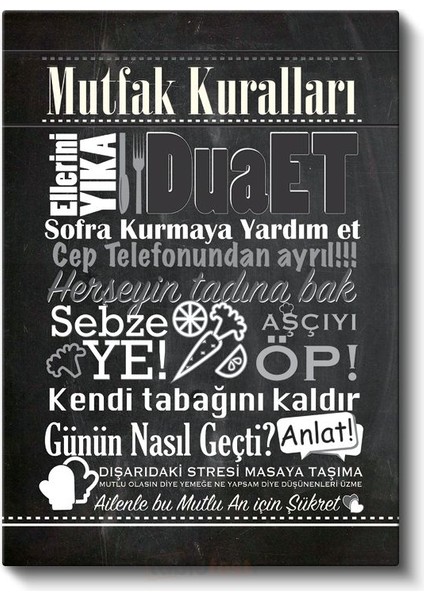 Mutfak Kuralları - Türkçe Ev Dekorasyon Yazısı Kanvas Tablo fiyatları