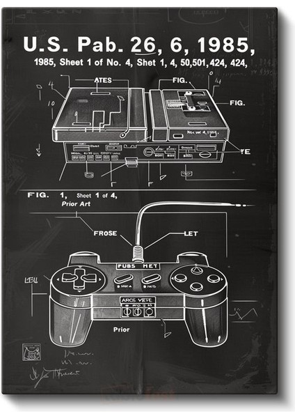 Oyun Konsolu - 1985 Retro Oyun Kumandası Patent Çizimi Kanvas Tablo