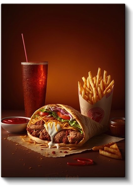 Fast Food Menüsü - Lezzetli Dürüm ve Patates Kızartması Kanvas Tablo