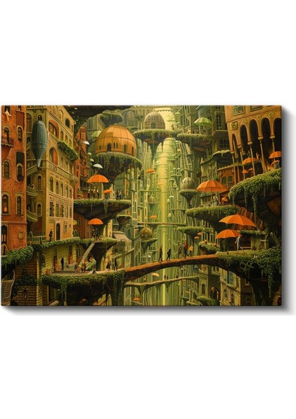 Dikey Şehir - Şelaleler ve Turuncu Şemsiyeler Labirenti Kanvas Tablo fiyatları